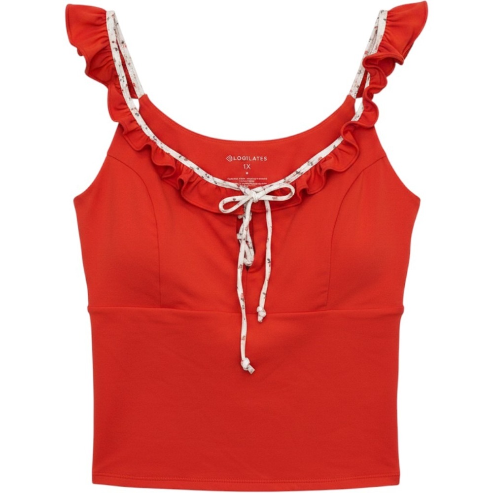 Blogilates Women's 1X Red Ruffle Tank Top Lace Up Floral Trim Activewear